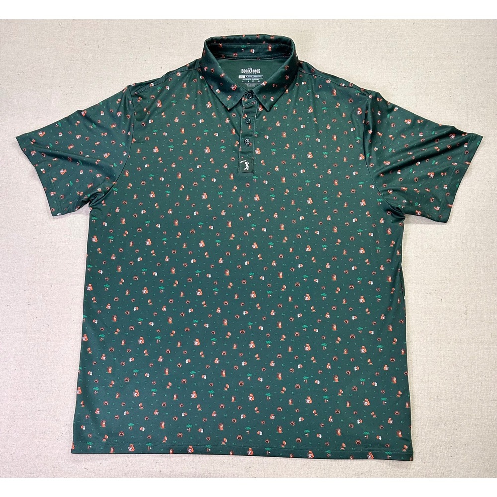 Bogey Bros Golf Co Mens XL Green Performance Polo Shirt Bears Outhouse Print
